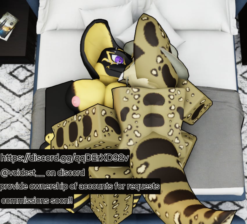 3d 3d_(artwork) black_scales boobs cuddle cuddling egyptian egyptian_female fangs female hat holding_hands kissing long_tail male/female male_only nipples on_bed on_top open_eyes roblox roblox_studio scales scalie snake snake_girl snake_hood snake_tail snakes straight yellow_scales