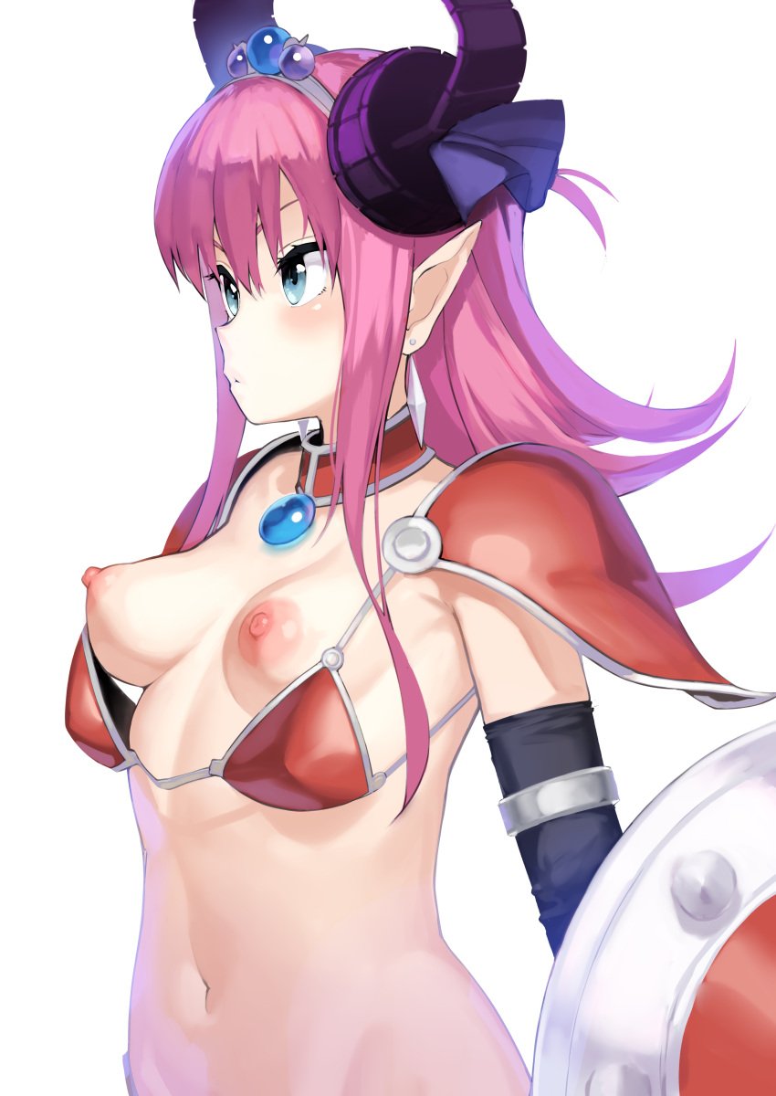 absurdres armor bikini_armor black_gloves blue_eyes blush breasts earrings elbow_gloves elizabeth_bathory_(brave)_(fate) elizabeth_bathory_(fate) fate/grand_order fate_(series) female gloves hakai_shin highres horns jewelry long_hair medium_breasts navel nipples pauldrons pink_hair pointy_ears shield shoulder_armor simple_background solo tiara wardrobe_malfunction white_background