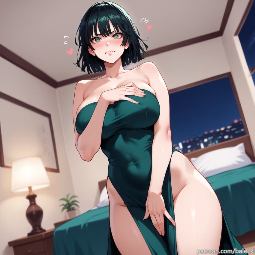 ai_generated balecxi bare_shoulders bed big_breasts blush closed_mouth collarbone covered_navel covering_crotch covering_privates dutch_angle female fubuki_(one-punch_man) green_dress green_eyes groin heart indoors lamp large_breasts looking_at_viewer night no_panties one-punch_man patreon_username short_hair solo thighs window