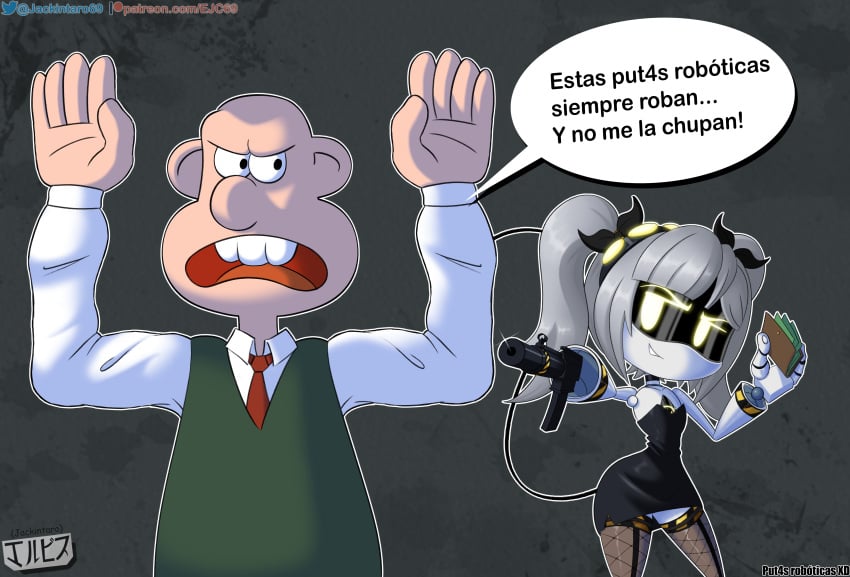 clothing crossover digital_media_(artwork) disassembly_drone dress fanart fishnets glitch_productions grey_hair gun human j_(murder_drones) jackintaro machine_gun meme murder_drones not_porn prostitute prostitution ribbons robot robot_girl shitpost simple_background smile spanish_text stockings text translated twintails wallace wallace_and_gromit wallet yellow_eyes