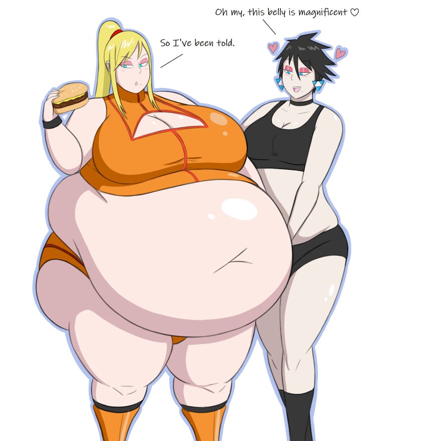 2girls bayonetta bayonetta_(character) bbw belly belly_button big_belly big_breasts black_hair blonde_hair blue_eyes breasts burger choker earrings eyeshadow fat hearts_around_head large_belly large_breasts metroid mizz-britt morbidly_obese nintendo obese open_mouth overweight overweight_female ponytail samus_aran smile super_smash_bros.