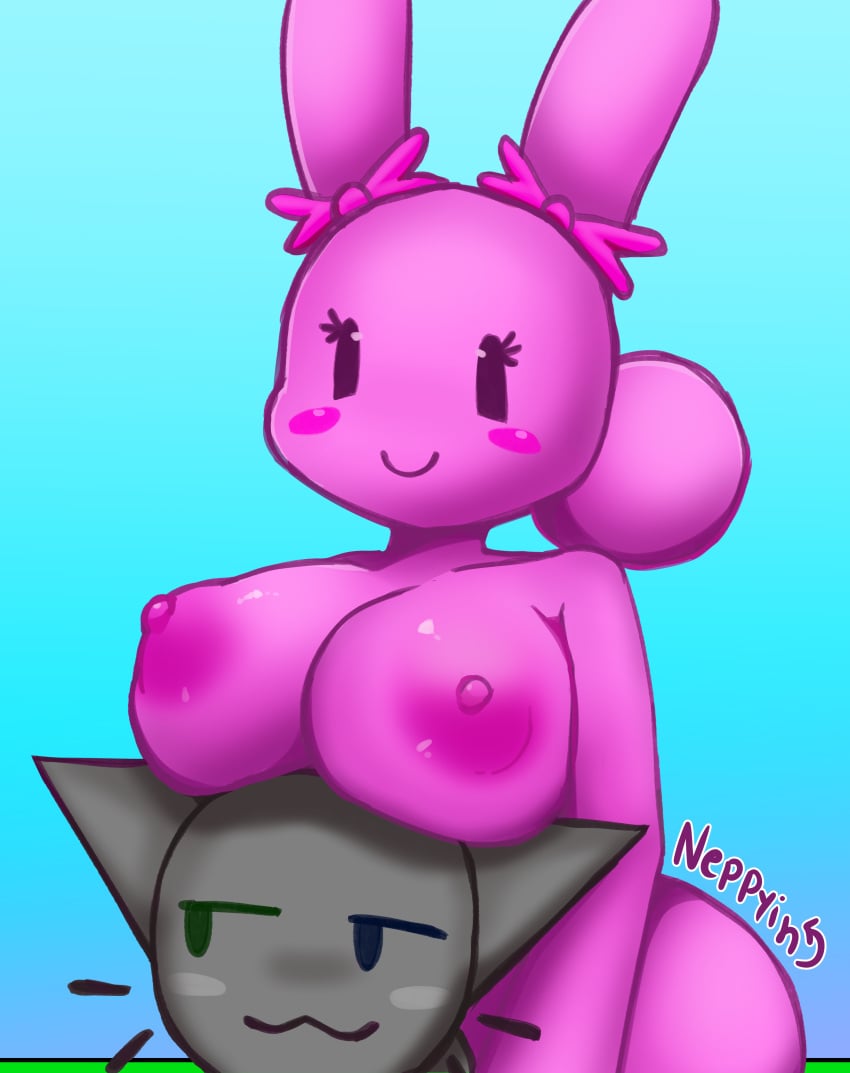 anthro anthro_on_anthro big_breasts breasts breasts_on_head bunny_ears cat chilling feline feline_ears first_porn_of_character first_porn_of_franchise full_color furry_only half_body incredibox_mod mew_(sprinkle) neppyin nipples pink_body pink_bow pink_fur pink_nipples resting_breasts saya_(sprinkle) sky sprinkle_(sprunki_mod) sprunki