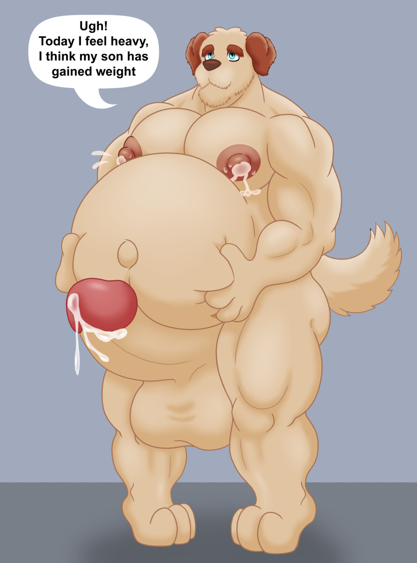 absurd_res anthro balls belly bodily_fluids canid canine dialogue english_text furry genital_fluids genitals hi_res lactating male male_lactation mammal muscular navel nipples pecs penis precum pregnant pregnant_male rub_lug_(furry) solo text