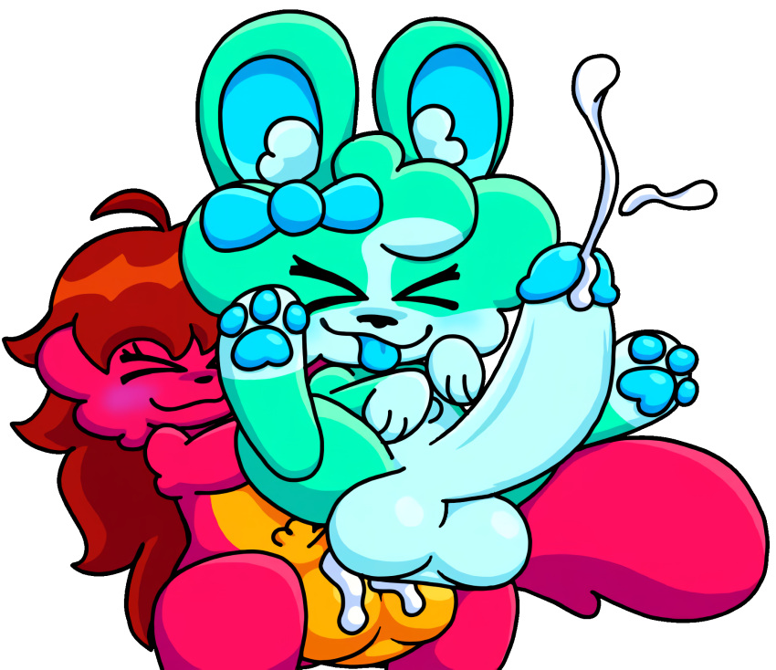 big_balls big_penis blue_bow blue_paw blue_pawpads blue_paws blue_tip blue_tongue blush both_blushing brown_hair bunny bunny_ears closed_eyes cum cum_drip cum_in_ass cum_inside cumming_together cumshot cyan_fur cyan_hair cyan_penis cyan_skin fluffy fluffy_ears fluffy_hair fluffy_tail furry_tail futa_only futanari_penetrating green_fur horny red_body red_fur sex shading shiny_balls tongue_out white_fur white_penis winter_(lancey) yellow_fur