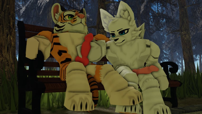 2boys 3d 3d_render animal_ears animal_genitalia animal_penis anthro balls bench consensual day dick forest fur furry gay hand_on_penis handjob highres jerkingoff_another male original_character penis public roblox robloxian tiger tinkerred variant white_body white_fur woods yellow_body yellow_fur