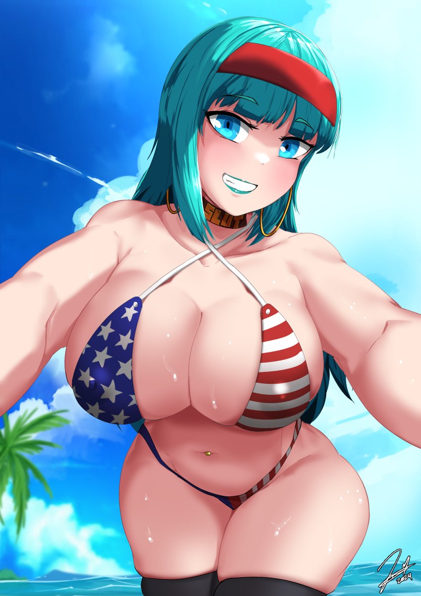 1girls aged_up american_flag_bikini beach big_breasts bikini blue_eyes blue_hair bra_(dragon_ball) bra_briefs breasts choker doppel_(artist) dragon_ball dragon_ball_gt female female_only huge_breasts large_breasts leggings lipstick long_hair swimwear