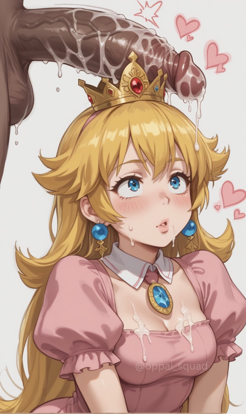 1boy 1girls ai_generated big_penis blonde_hair crown dark-skinned_male huge_cock interracial light-skinned_female mario_(series) oppai_squad princess_peach skirt