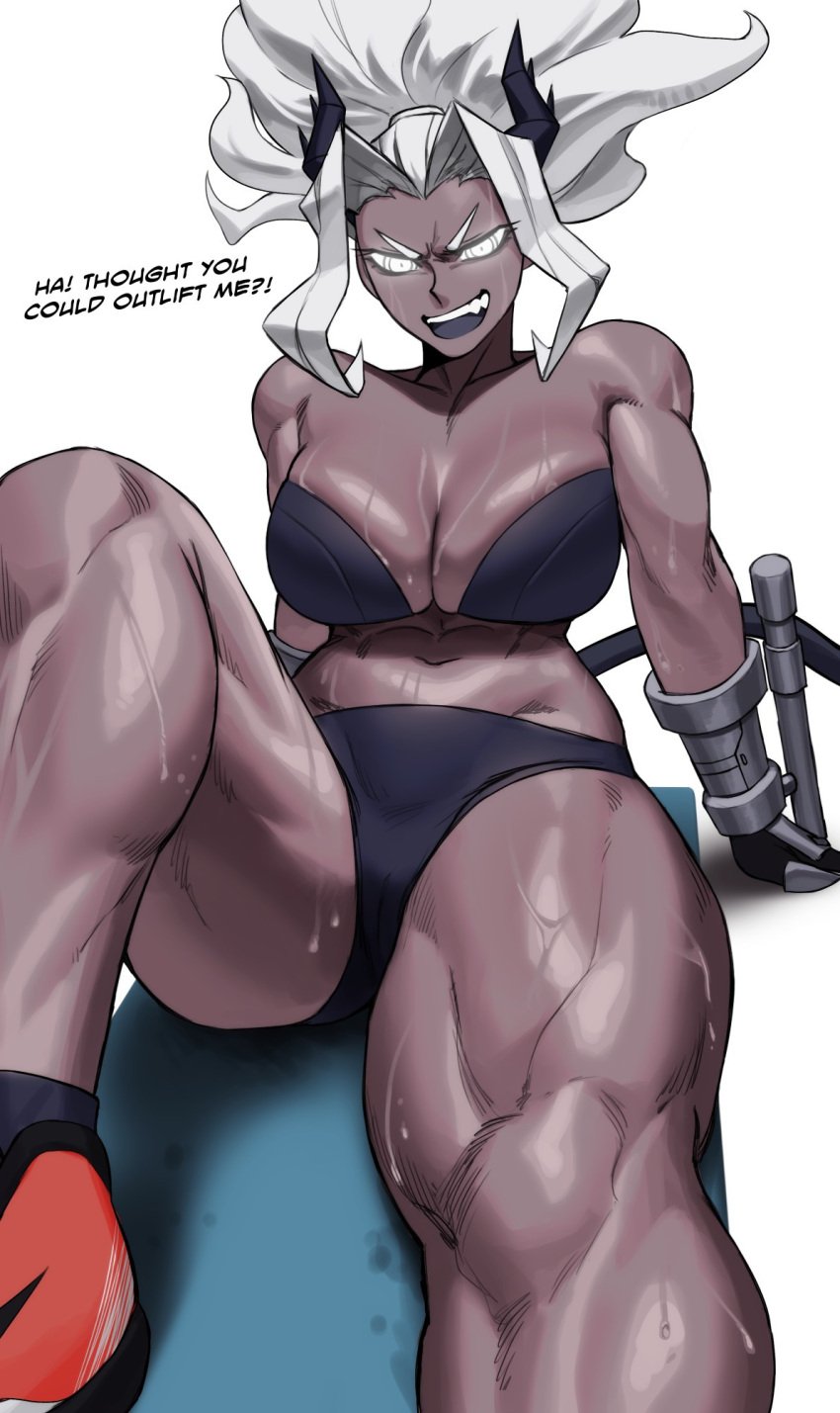 athletic_female big_breasts breasts dark-skinned_female demon_horns dialogue helltaker horns judgement_(helltaker) muscular_female muscular_legs muscular_thighs sotcho sweat sweaty white_hair