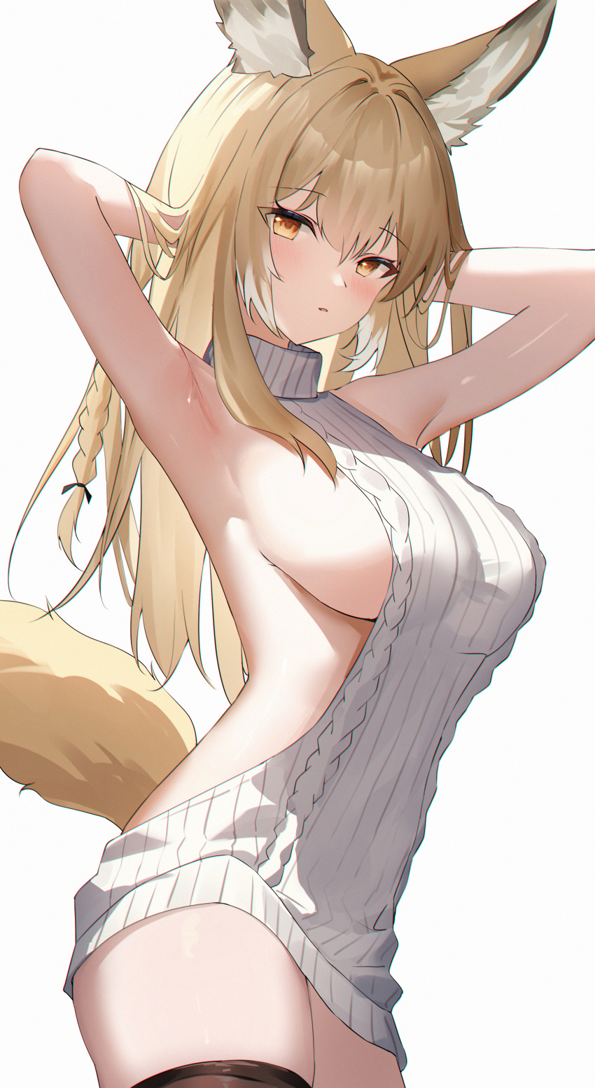 2024 alternate_costume animal_ears arknights armpits arms_up big_breasts blonde_hair blush breasts cowboy_shot female female_only hi_res large_breasts long_hair looking_at_viewer meme_attire parted_lips sideboob sideless_outfit simple_background solo solo_female tail thighhighs thighs usagi_(786113654) virgin_killer_sweater vulpisfoglia_(arknights) white_background yellow_eyes