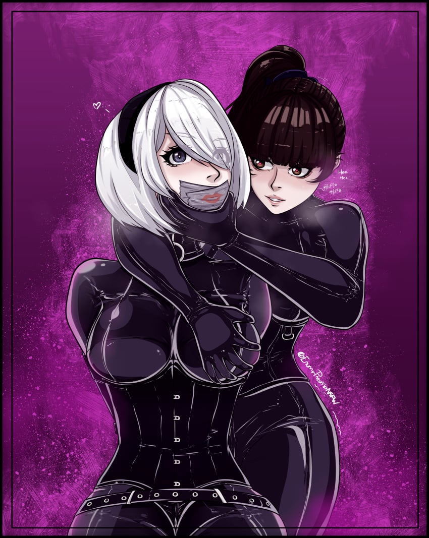 2girls blindfold bodysuit crossover enumapneumansfw eve_(stellar_blade) fondling groping heavy_breathing latex nier:_automata stellar_blade tape_gag teasing yorha_2b yuri