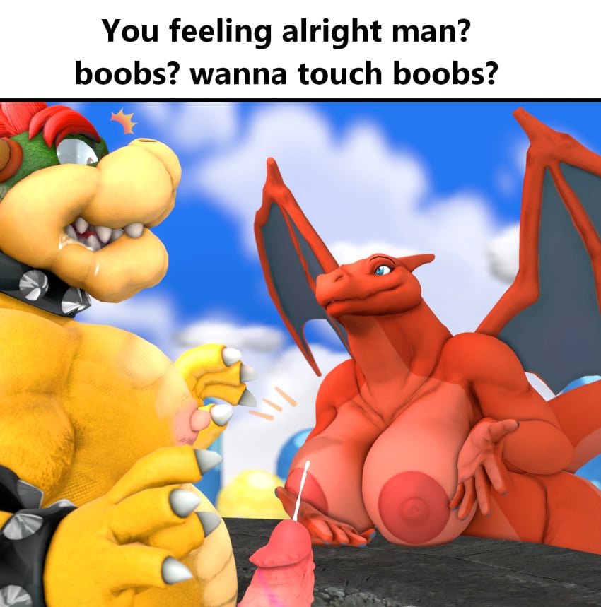 1boy 1girls anthro bodily_fluids boobs?_wanna_touch_boobs? bowser breasts charizard cum drooling duo ejaculation english_text erection female generation_1_pokemon genital_fluids genitals hi_res koopa male male/female mario_(series) meme meme_caption nintendo nipples non-human_areolae nude penis pokemon pokemon_(species) presenting presenting_breasts saliva scalie surprised_expression text tigura zard_mom zardmom_(reptilligator)