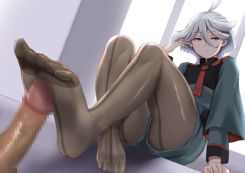 ahoge back-seamed_legwear bangs black_pantyhose bored brushing_hair censored closed_mouth commentary_request dutch_angle female femdom footjob front-seamed_legwear grey_eyes grey_hair gundam gundam_suisei_no_majo hair_between_eyes highres long_hair looking_away miorine_rembran mosaic_censoring muto_dt pantyhose pantyhose_under_shorts penis seamed_legwear solo_focus swept_bangs unamused