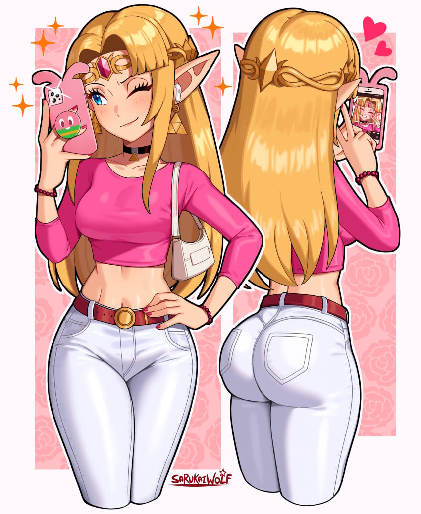 absurdres alternate_costume ass bag belt blonde_hair bracelet casual cellphone circlet crop_top cropped_legs eyelashes female hand_on_own_hip handbag heart highres hourglass_figure huge_ass jewelry long_hair multiple_views nintendo one_eye_closed pants parted_bangs pendant_choker phone pink_shirt pointy_ears princess_zelda sarukaiwolf shirt smartphone smartphone_case smile solo the_legend_of_zelda the_legend_of_zelda:_a_link_between_worlds v white_pants zelda_(a_link_between_worlds)