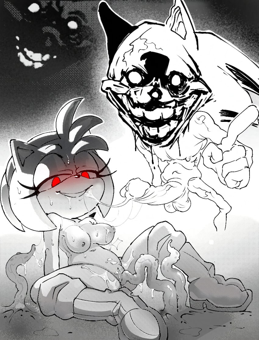 amy_rose anthro balls bodily_fluids boots breasts calabreso clothing creepy creepy_face duo eulipotyphlan female footwear genital_fluids genitals glowing glowing_eyes grin grinning_at_viewer hedgehog hi_res horror male male/female mammal penis pussy red_eyes scary sega shoes smile sonic.exe sonic.exe_(series) sonic_(series) sonic_the_hedgehog sonic_the_hedgehog_(series) sweat tentacle