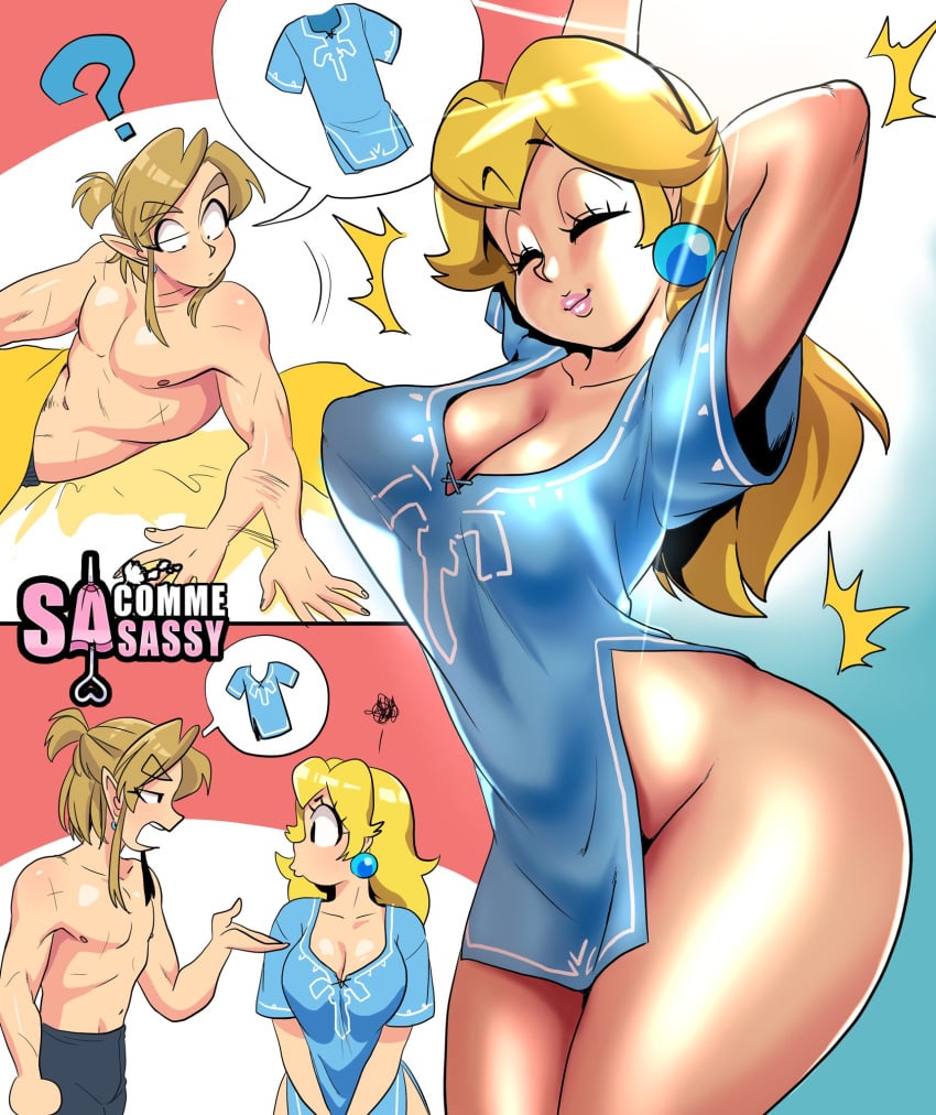 1boy1girl blonde blonde_female blonde_hair blonde_hair_female breasts crossover hips link link_(breath_of_the_wild) link_(tears_of_the_kingdom) mario_(series) pretty_boy princess_peach sasatseng shirtless_male super_mario_bros. the_legend_of_zelda