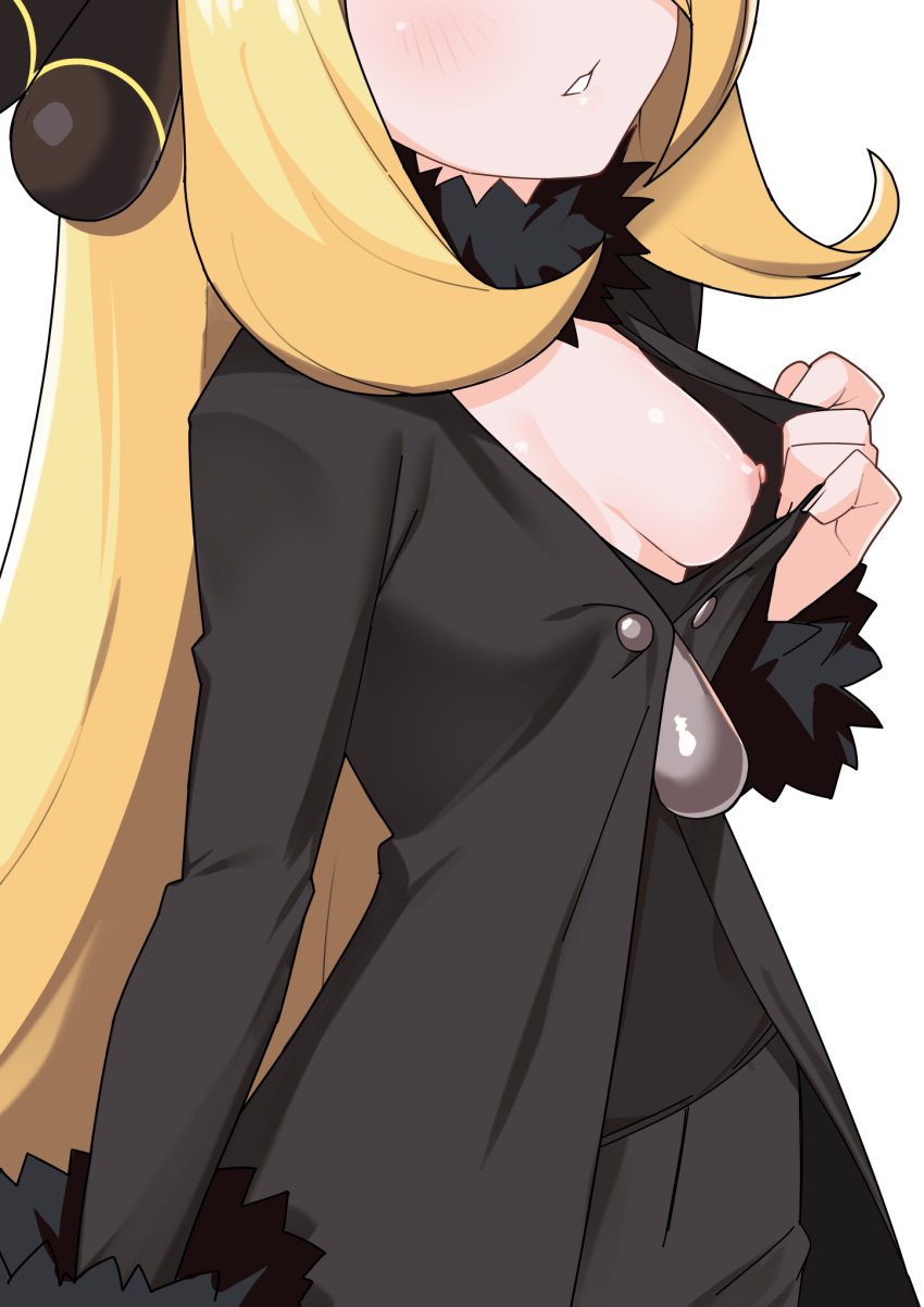 black_dress blonde_hair breasts creatures_(company) cynthia_(pokemon) dress eyes_out_of_frame female female_focus female_only game_freak hair_ornament highres long_hair long_sleeves medium_breasts morisobo nintendo nipples one_breast_out parted_lips pokemon pokemon_dppt simple_background solo white_background