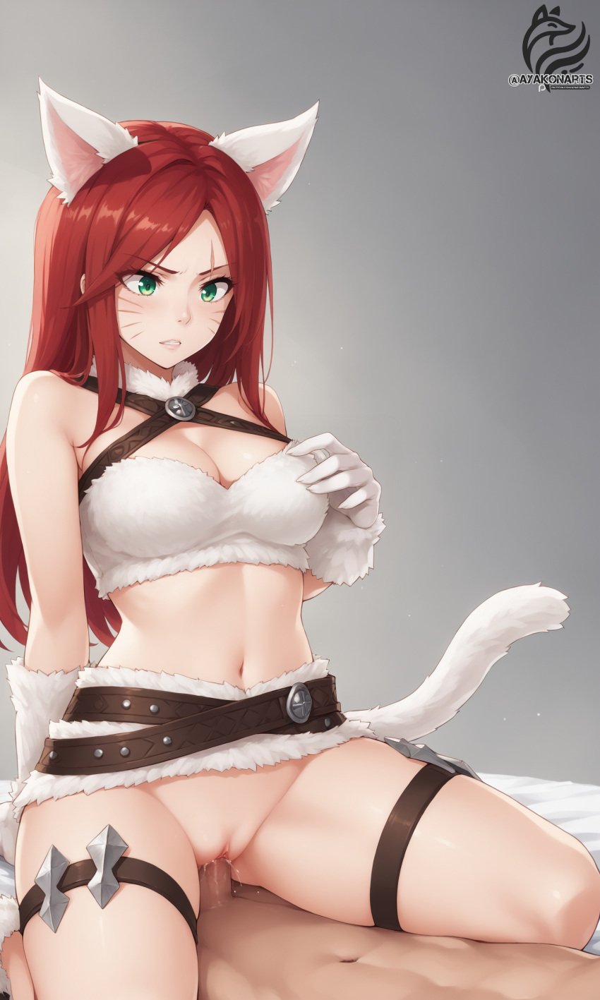 1girl1boy ayakonarts cowgirl_position katarina_du_couteau league_of_legends red_hair