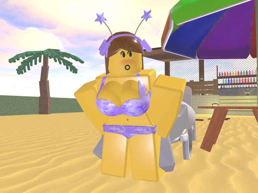 1boy 1boy1girl 1girls 3d beach beach_background blocky_body bloxzrd brown_hair different_angle female purple_bikini purple_panties roblox roblox_avatar robloxian yellow_body yellow_skin