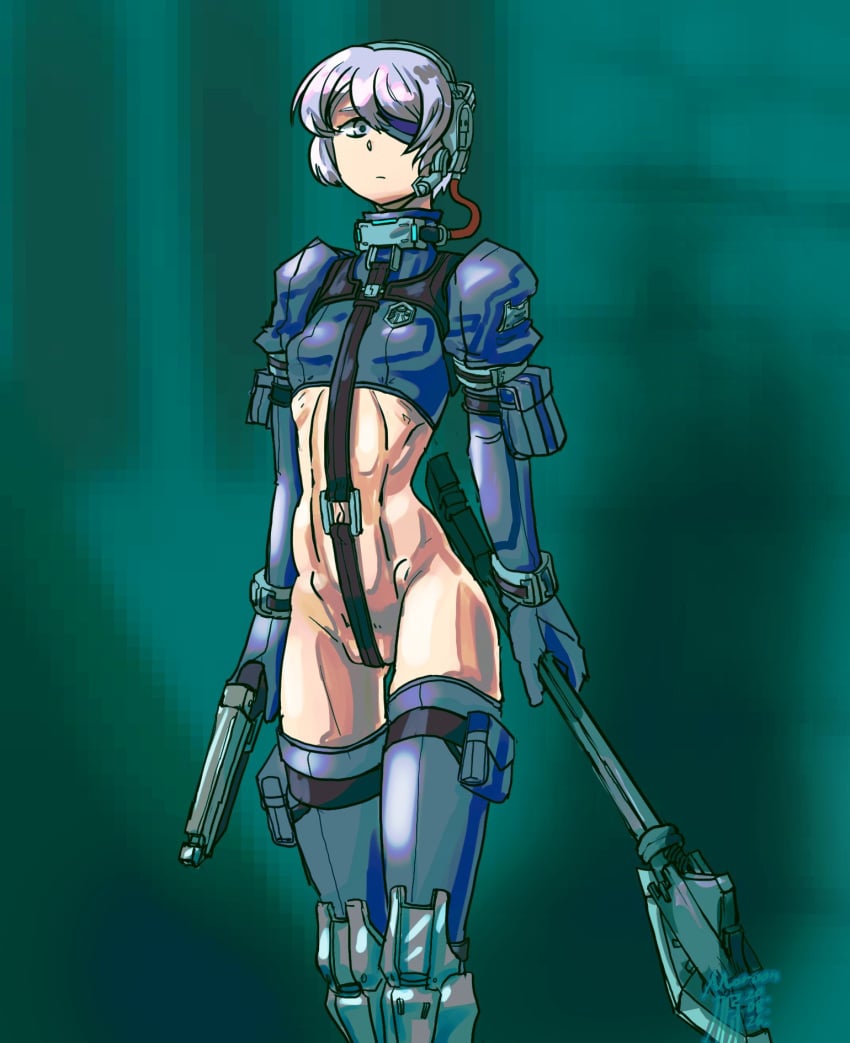 arm_pouch arm_strap armor axe bare_hips breasts cameltoe closed_mouth crop_top crotch_strap female female_focus greaves green_background gun hair_between_eyes handgun holding holding_axe holding_pistol holding_weapon martyr_(the_citadel) moroon navel one_eye_covered pistol pouch purple_eyes purple_hair purple_shirt purple_thighhighs shirt simple_background small_breasts solo solo_focus the_citadel thigh_pouch thigh_strap thighhighs weapon