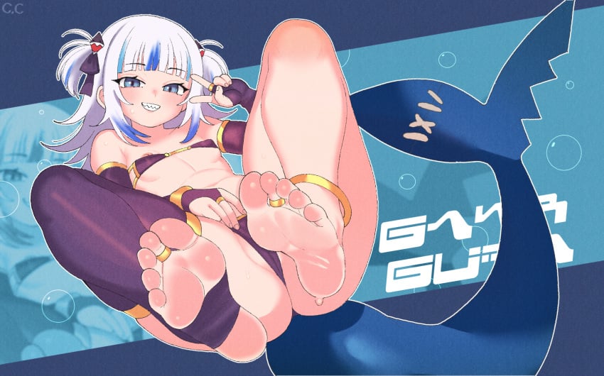 ass belly_button bikini champchidi feet feet_focus feet_up gawr_gura hololive hololive_english nipple_bulge nipple_slip peace_sign petite petite_body shark_girl shark_tail sharp_teeth small_breasts soles sweat toes young