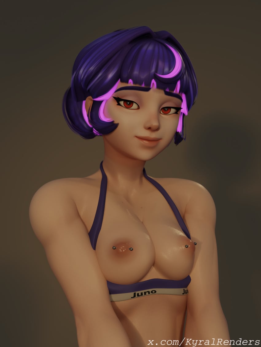 1girls 3d bra bra_down breasts breasts_out female high_resolution highres juno_(overwatch) kyralrenders looking_at_viewer nipple_piercing overwatch overwatch_2 piercing portrait presenting presenting_breasts purple_hair red_eyes solo solo_female sports_bra two_tone_hair