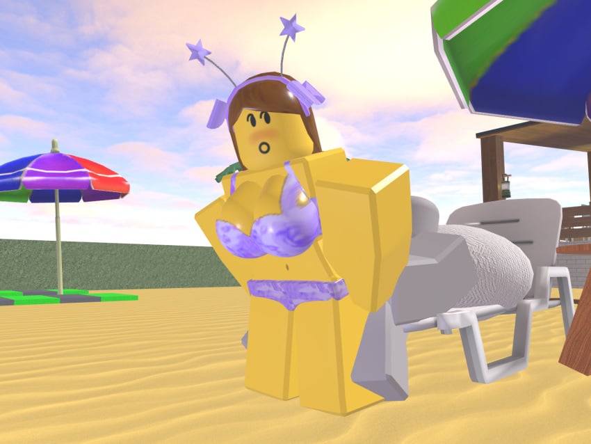 1boy 1boy1girl 1girls 3d beach beach_background blocky_body bloxzrd brown_hair female purple_bikini purple_panties roblox roblox_avatar robloxian yellow_body yellow_skin