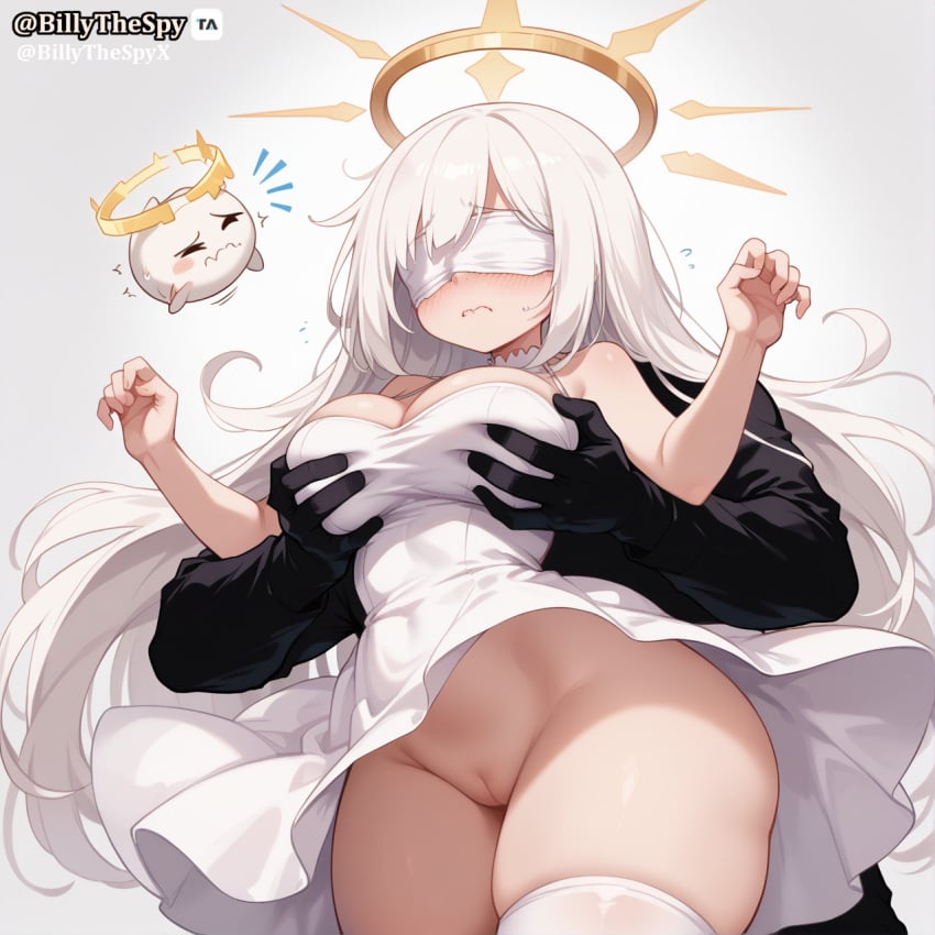 ai_generated angel big_ass big_breasts big_butt big_thighs billythespy blind blindfold blindfolded curvy curvy_female curvy_figure fondling goddess groping halo original original_character thick thick_ass thick_butt thick_hips thick_legs thick_thighs thigh_highs thighhighs thighs white_dress white_hair white_legwear