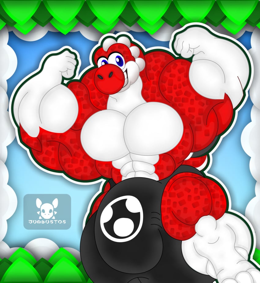 abs anthro balls bulge clothed clothing detailed_background detailed_bulge genitals hi_res hyper hyper_genitalia jdbo-arts male mario_bros muscular nintendo partially_clothed pecs red_body redo solo underwear white_arms white_legs yoshi yoshi_(character)