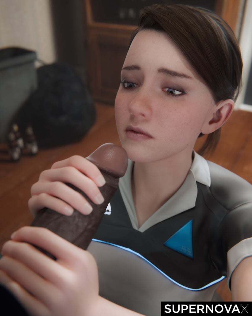 1boy 1girls 3d android big_penis blue_eyes caucasian_female clothed dark-skinned_male dark_skin detroit:_become_human handjob holding_penis imminent_oral interracial kara_(detroit:_become_human) kneeling looking_at_penis on_knees supernovax