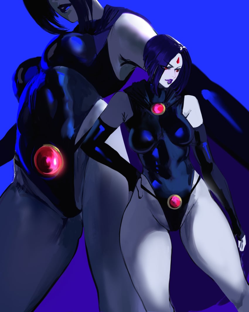 1girls blue_background cape dc_comics hand_on_hip leotard mashingvaquita multiversus purple_hair purple_lips raven_(dc) raven_(multiversus) red_eyes short_hair skin_tight solo standing teen_titans thick_thighs thong_leotard white_skin