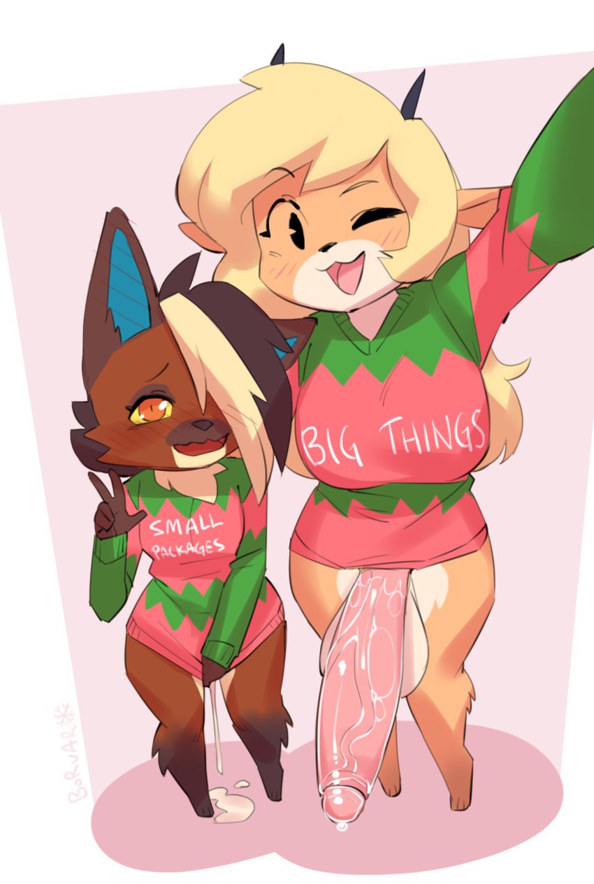 1futa 2022 anthro balls big_breasts black_hair blonde_hair bodily_fluids borvar bottomless breasts brown_body brown_fur canid canine canis christmas christmas_clothing christmas_sweater christmas_topwear clothed clothing cum digital_media_(artwork) domestic_dog duo female fur futanari genital_fluids genitals gesture gutzi_(rappidrobin) gynomorph gynomorph/female hair hi_res holidays horn intersex intersex/female looking_at_viewer mammal meme open_mouth penis shirt simple_background size_difference smile sweater sweater_only text text_on_clothing text_on_shirt text_on_topwear topwear topwear_only tori_yiffany