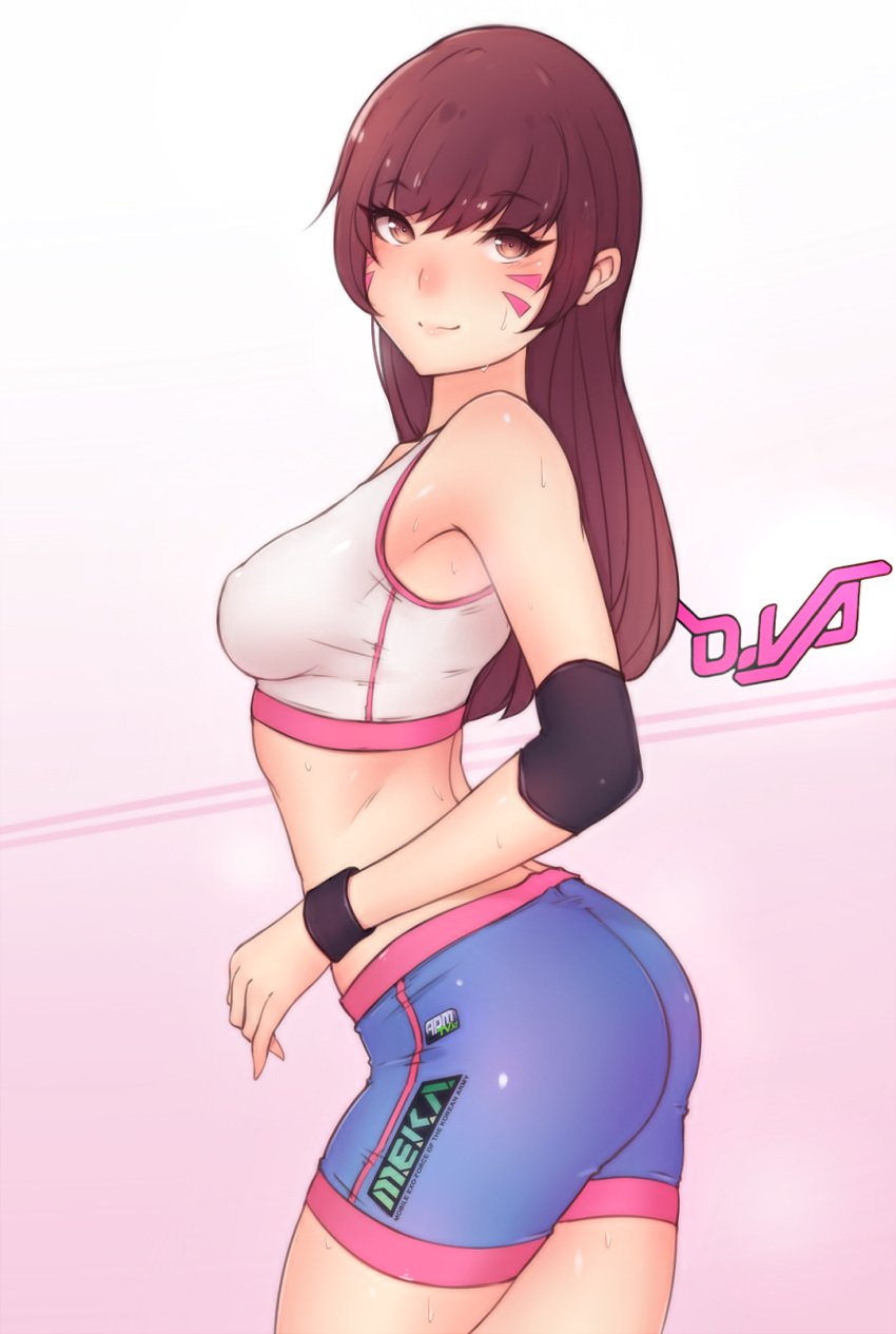 1girl 1girls 2010s 2017 armpit ass bluefield blush booty_shorts breasts brown_eyes brown_hair butt_crack_outline cleavage compression_shorts d.va exposed_shoulders female female_only fully_clothed happy heroine light-skinned_female light_skin long_hair moderate_tomboy overwatch revealing_clothes shiny_clothes shiny_hair shorts smile solo solo_female sports_bra sportswear sweat tight_clothing tomboy two_tone_bottomwear two_tone_bottomwear_(blueandpink) two_tone_topwear two_tone_topwear_(pinkandwhite) video_game_franchise