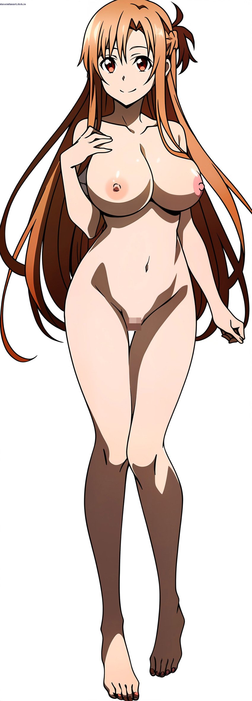 1girls accurate_art_style ai_feet ai_generated alluring auburn_hair bare_legs barefoot big_breasts brown_eyes censored censored_pussy completely_nude_female dasein female nude pin_up pussy sword_art_online yuuki_asuna