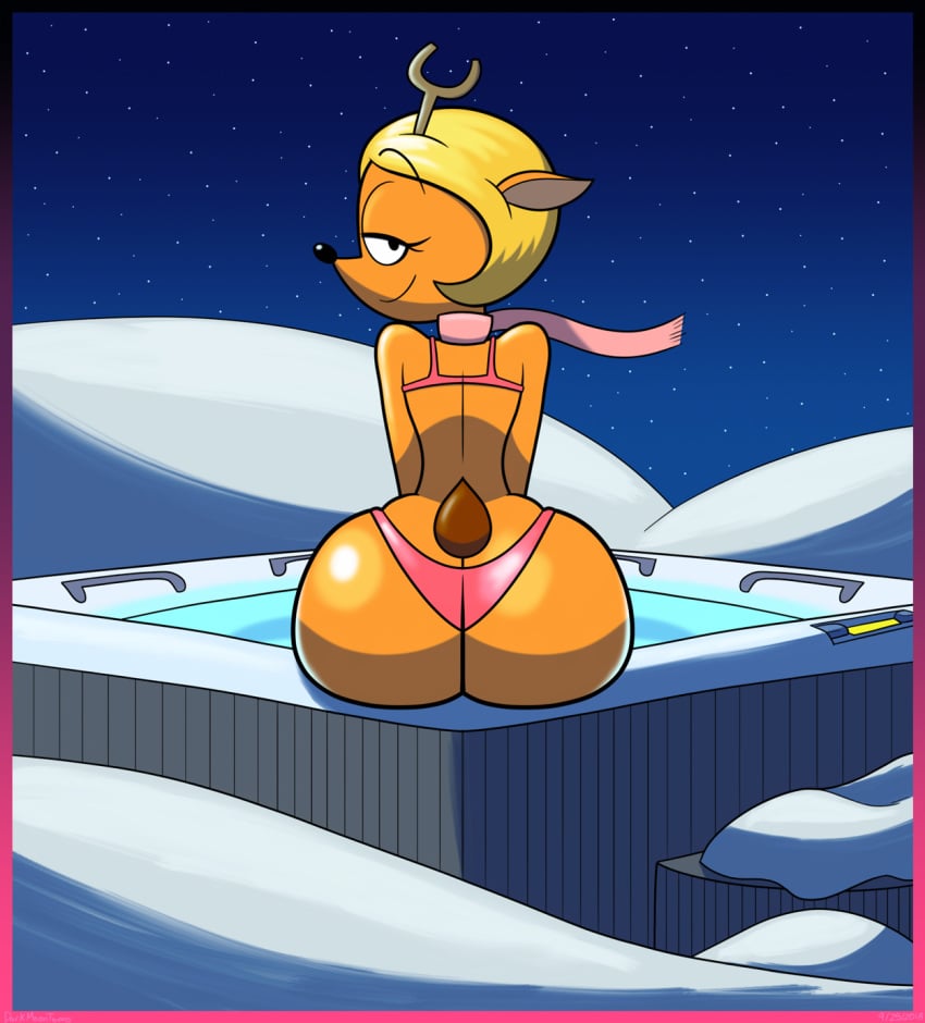 1girls 2017 anthro ass_cleavage big_ass bikini blonde_hair blu3danny butt_crack cute darkmoontoons deer female hot_tub jacuzzi looking_at_viewer looking_back no_humans orange_fur outdoors outside periwinkle_around_the_world pink_bikini reindeer scarf snow tagme