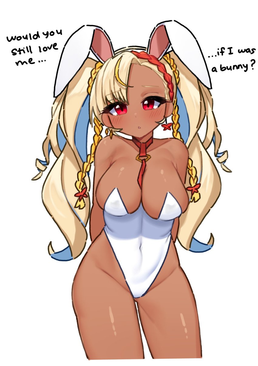 1girls adorable blonde_hair blush breasts bunnysuit clothed clothing crystalis cute dark-skinned_female dark_skin english_text fake_animal_ears fake_rabbit_ears female female_only huge_breasts looking_at_viewer question red_eyes ryoshi_(ryoru97) serina_maiko solo talking_to_viewer text v4mirai virtual_youtuber