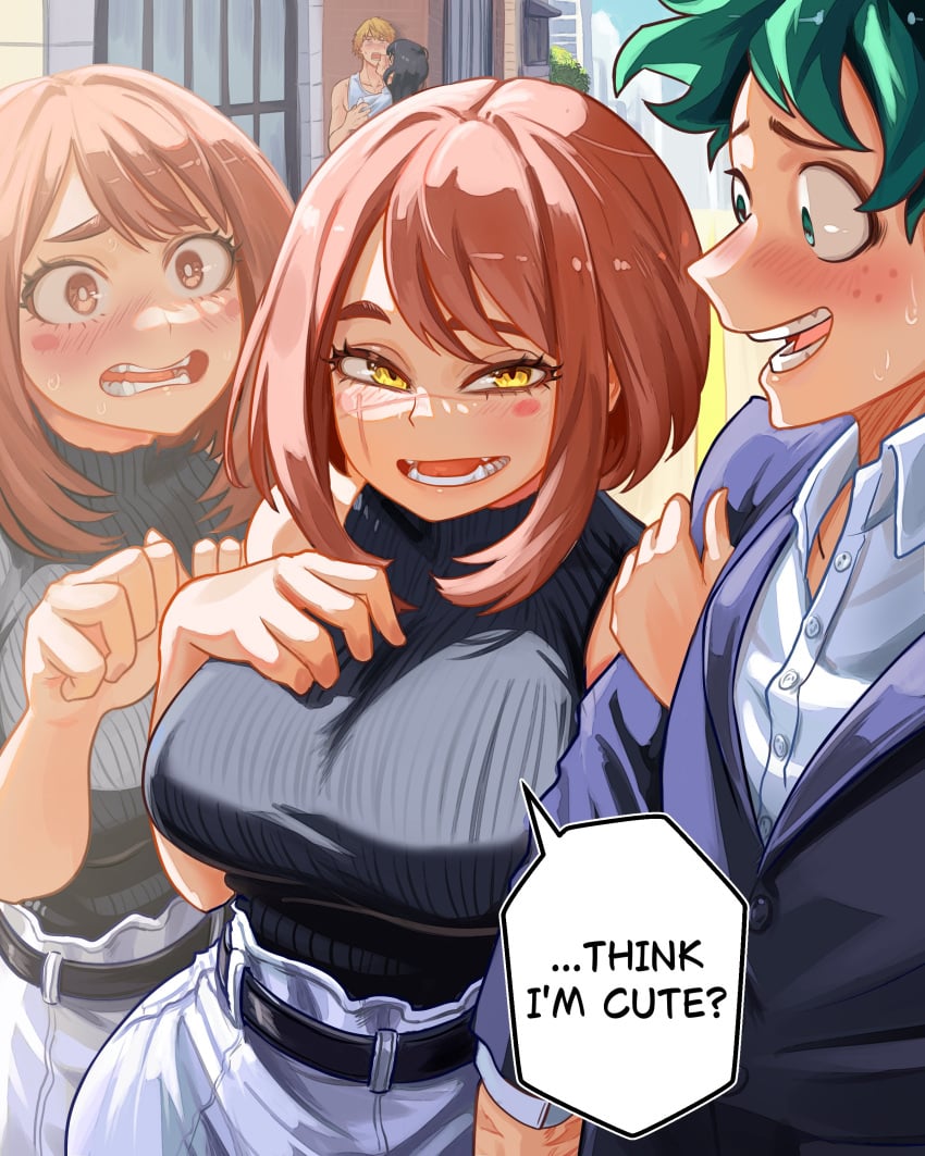 2boys 3girls arm_grab blush_stickers boku_no_hero_academia breast_press breasts brown_hair chainsaw_man cosplay cross_scar crossover denji_(chainsaw_man) duo duo_focus english_text height_difference high-waist_pants himiko_toga izuku_midoriya jeans large_breasts mitaka_asa netorare ribbed_sweater scar scar_on_cheek sleeveless_sweater sleeveless_turtleneck speech_bubble straight sweater turtleneck_sweater uraraka_ochako uraraka_ochako_(cosplay) vlizz when_you_see_it yellow_eyes yoru_(chainsaw_man)