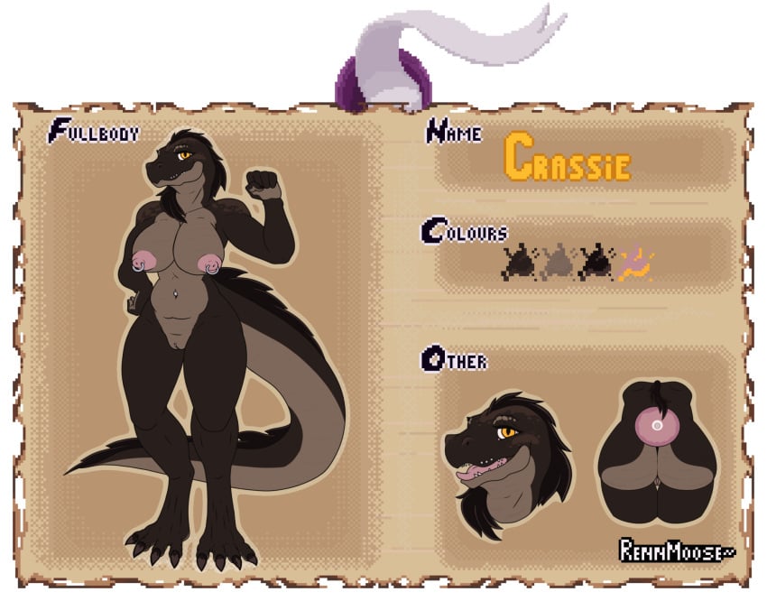 anthro ass big_breasts breasts crassie_(rennmoose) crocodile crocodilian female genitals hi_res model_sheet nipple_piercing nipples nude piercing pussy rennmoose reptile scalie solo