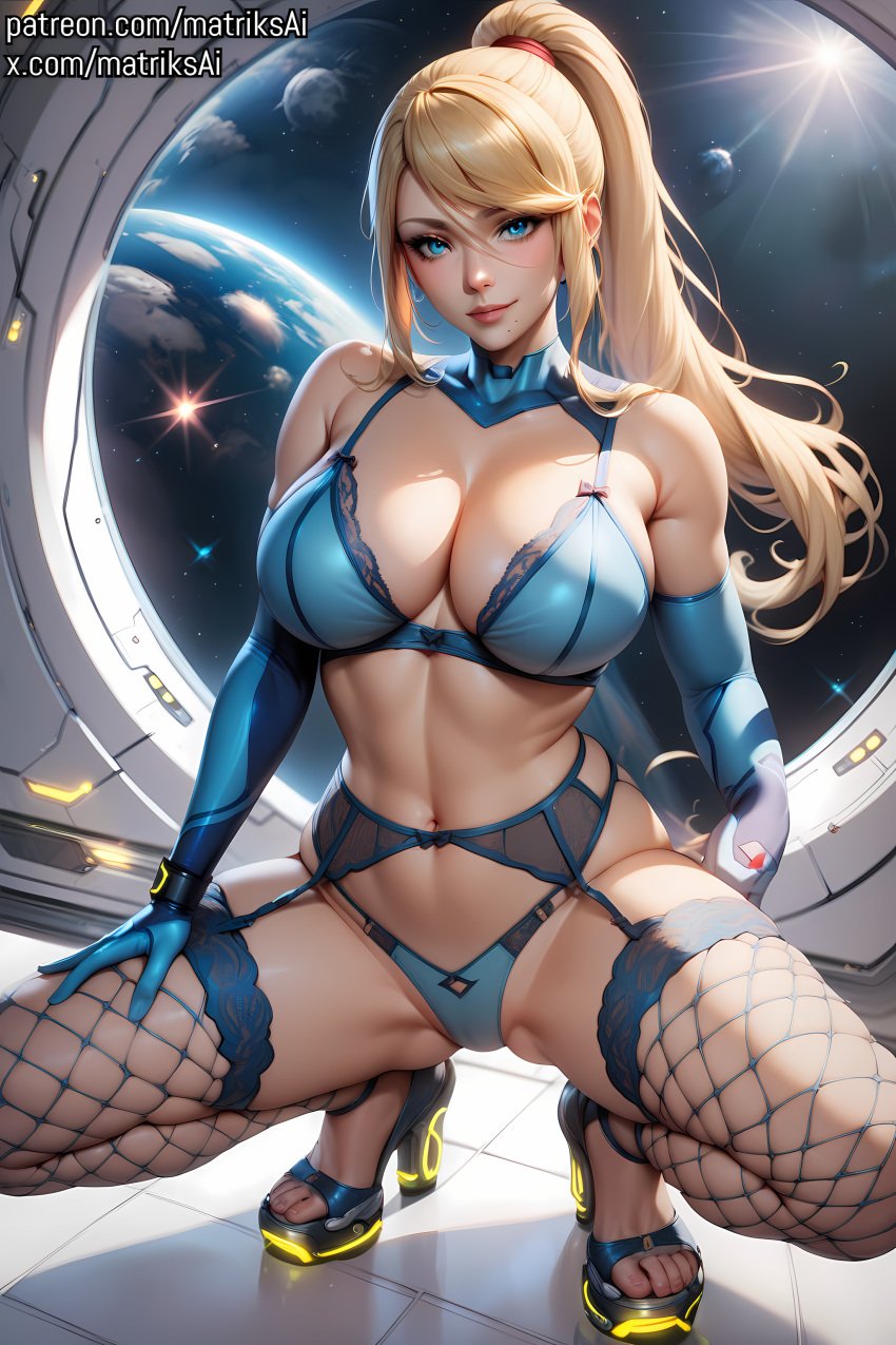 ai_generated big_breasts breasts breasts bunny_ears bunny_girl bunnysuit elbow_gloves female female_only garter_belt garter_straps giant_breasts huge_breasts large_breasts lingerie metroid samus_aran seductive solo space spaceship spread_legs squatting