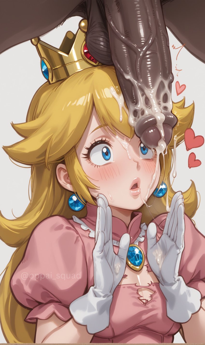 1boy 1girls ai_generated big_penis blonde_hair crown dark-skinned_male huge_cock interracial light-skinned_female mario_(series) oppai_squad princess_peach skirt