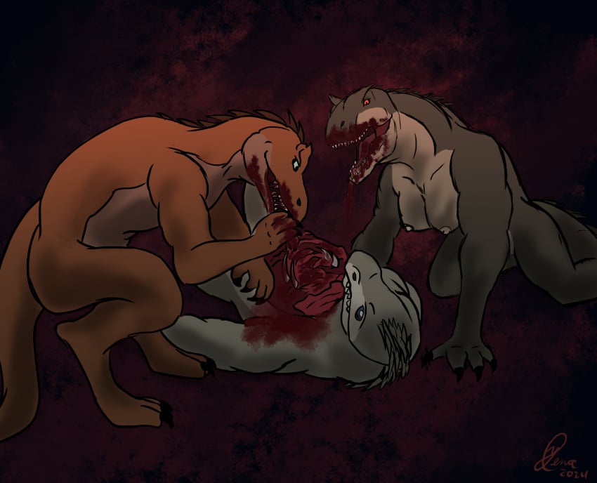 absurd_res anthro blood bodily_fluids breasts cannibalism carnosaur corpse death dinosaur female gore group hi_res male malexonas prehistoric_species prompt reptile scales scalie secrets_of_uncrom uncrom violence yenocwolf