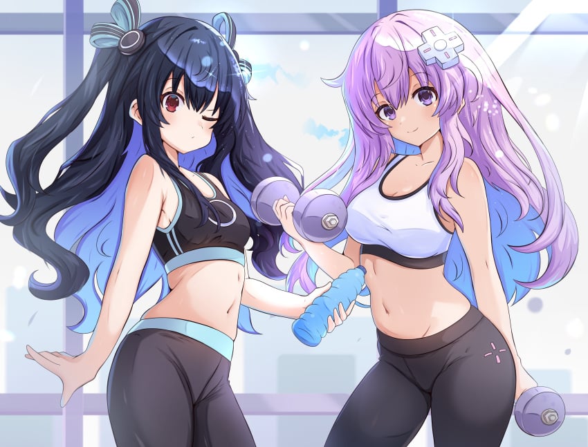 2girls black_hair blue_hair breasts compile_heart d-pad_hair_ornament female female_only goddess gym_clothes gym_clothing gym_pants gym_uniform hair_ornament idea_factory lilac_hair long_hair midriff midriff_baring_shirt mrrollingcircle navel nepgear neptunia_(series) pale-skinned_female pale_skin petite petite_female pink_hair purple_eyes red_eyes small_breasts sports_bra thick_thighs tight_clothing tsundere twintails uni_(neptunia) water_bottle weights workout yoga_pants