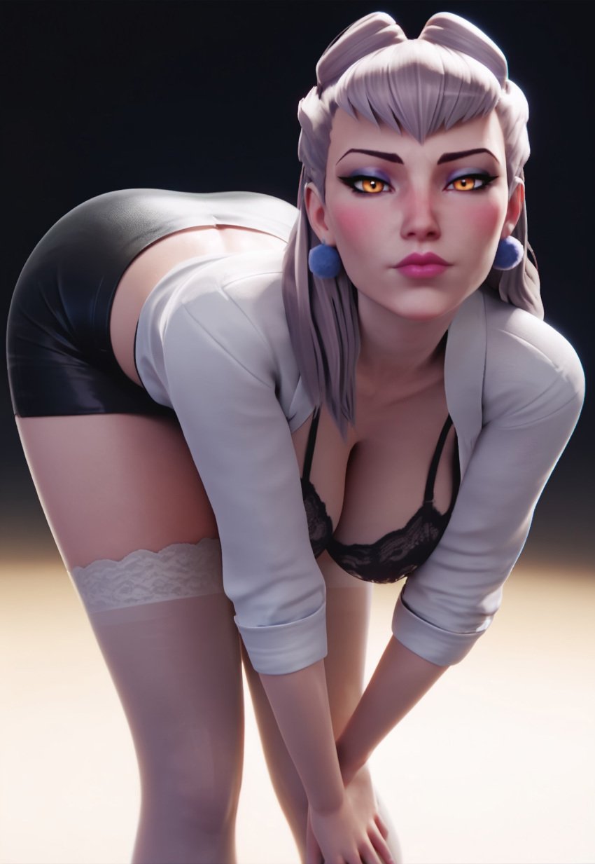 3d ai_generated amber_eyes bent_over big_ass big_breasts blender bra cleavage enji3d evelynn k/da_series league_of_legends leaning_forward makeup riot_games round_ass thighhighs tube_dress