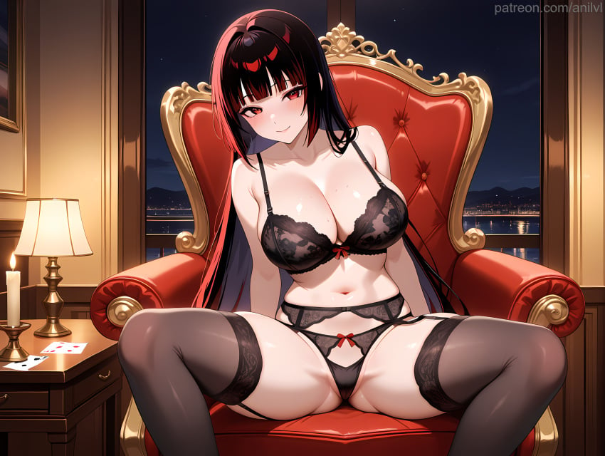 1girls ai_generated anilvl armchair ass_visible_through_thighs bangs bare_arms bare_shoulders big_breasts black_bra black_garter_belt black_hair black_panties black_thighhighs blunt_bangs blush bow bow_bra bow_panties bra breasts cameltoe candle card chair cleavage closed_mouth collarbone feet_out_of_frame garter_belt horns indoors jabami_yumeko kakegurui lace-trimmed_bra lace-trimmed_legwear lace_trim lamp large_breasts lingerie long_hair looking_at_viewer mole multicolored_hair navel night night_sky on_chair panties playing_card red_eyes red_hair sitting sky smile solo spread_legs stomach string_panties thighhighs thighs underwear underwear_only very_long_hair window