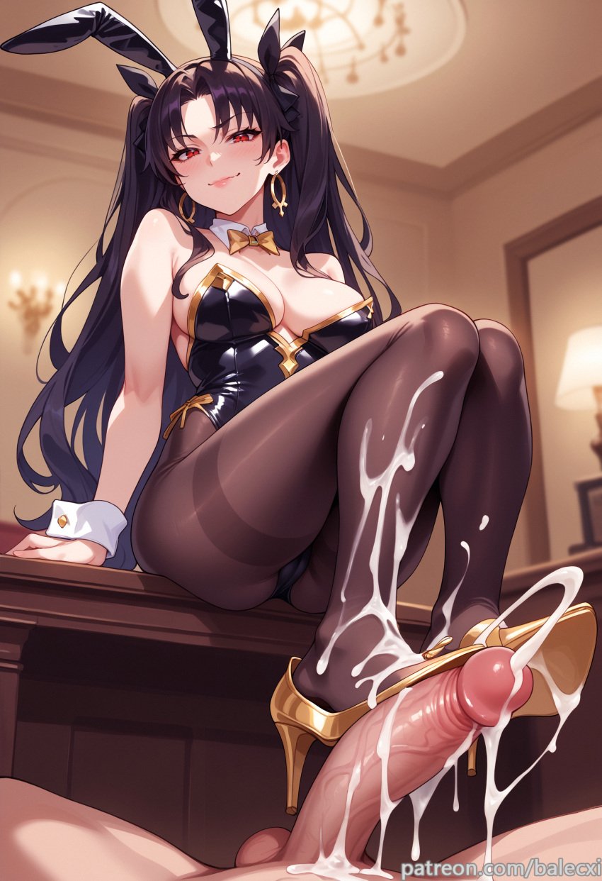 1boy ai_generated animal_ears balecxi bare_shoulders black_hair black_leotard bow breasts cum_on_body cum_on_clothes detached_collar erection fake_animal_ears fate/grand_order female footjob high_heels highleg highleg_leotard hoop_earrings indoors ishtar_(fate) jewelry long_hair looking_at_viewer pantyhose penis playboy_bunny rabbit_ears red_eyes shoejob sitting smile solo_focus straight strapless_leotard uncensored wrist_cuffs yellow_bowtie