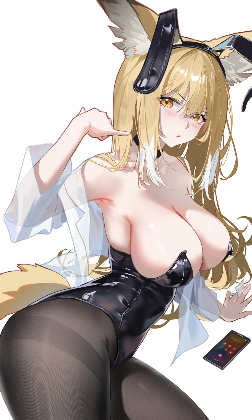 2024 alternate_costume animal_ear_fluff animal_ears arknights bare_shoulders big_breasts black_choker black_leotard black_pantyhose blonde_hair breasts cellphone choker cleavage fake_animal_ears female fox_ears fox_girl fox_tail from_side hi_res huade_xiami large_breasts leotard long_hair looking_at_viewer orange_eyes pantyhose phone playboy_bunny rabbit_ears shaka_sign shirt sideboob simple_background solo tail vulpisfoglia_(arknights) white_shirt