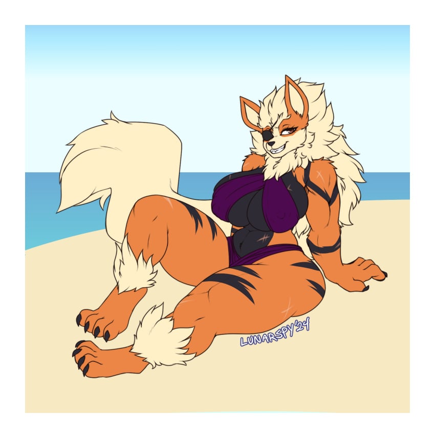 arcanine big_breasts bikini breasts cleavage female furry huge_breasts lunarspy pokemon pokemon_(species) thick_thighs wide_hips