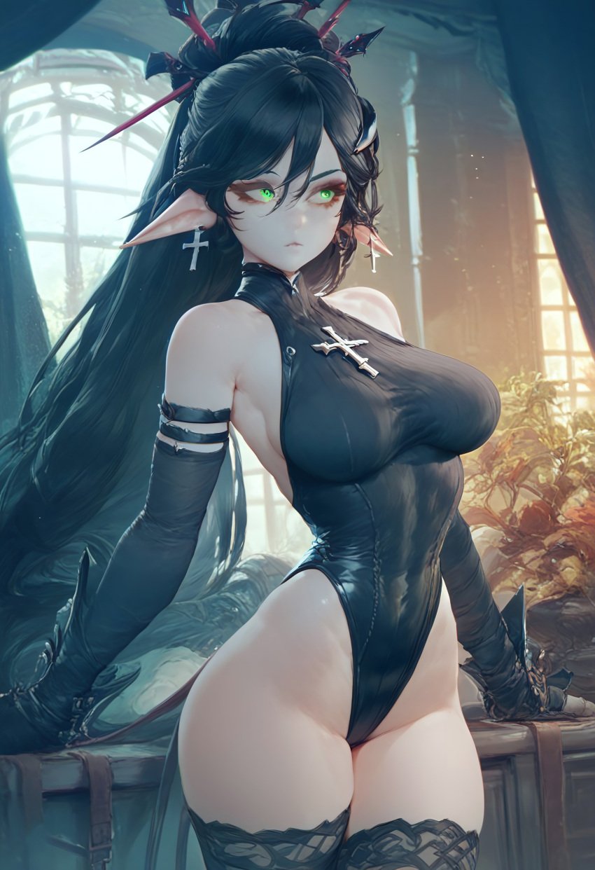 1girls ai_generated big_breasts black_hair breasts civitai earrings female green_eyes indie_virtual_youtuber large_breasts layna_lazar leotard long_hair pointy_ears ponytail sleeves solo solo_focus thick_thighs thighhighs thighs thin_waist tiara virtual_youtuber wide_hips