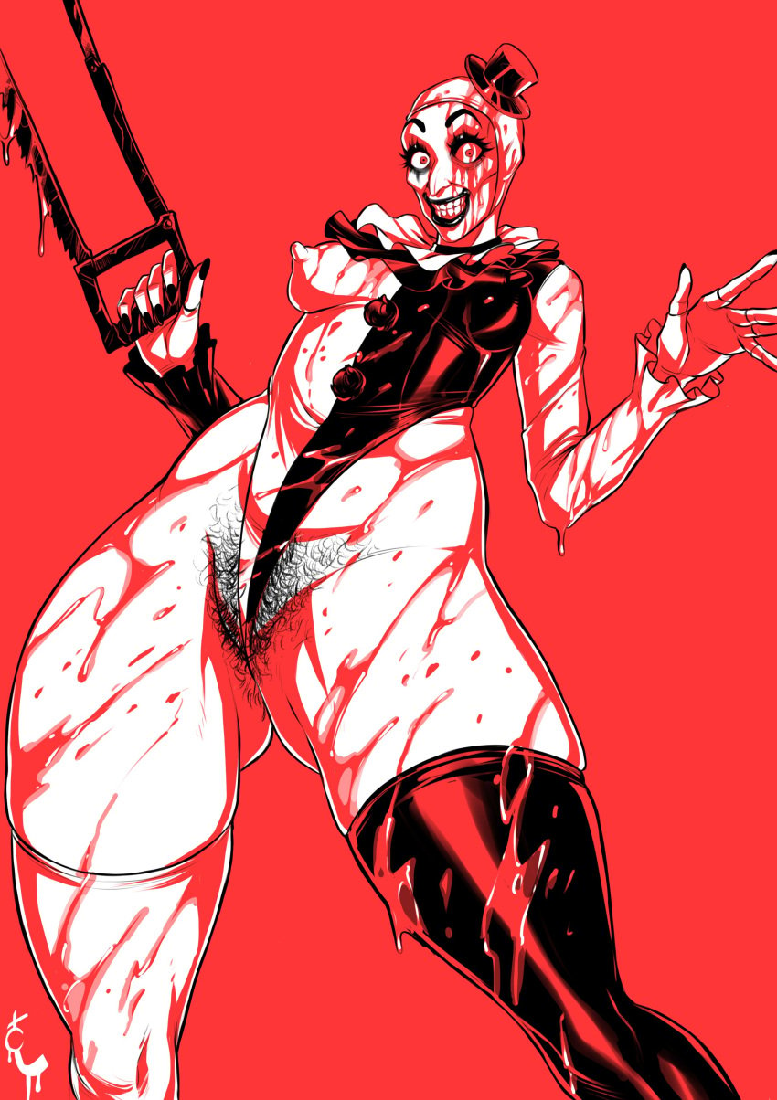 1girls art_the_clown black_lips blood clown clown_girl covered_in_blood erect_nipples female female_only genderswap_(mtf) hairy_pussy legwear leotard looking_at_viewer nipple_outline pubic_hair red_background rule_63 smiling smiling_at_viewer solo teeth_showing terrifier thick_thighs turtlechan very_high_resolution wide_eyed