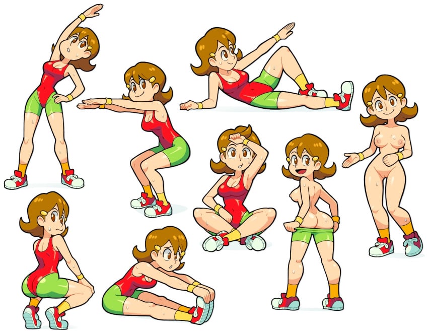 1girls 5-volt ass breasts brown_hair cleavage exercise exercise_clothing female female_only multiple_views nintendo nipples nude pussy smile sportswear stealth_brock sweat tagme warioware