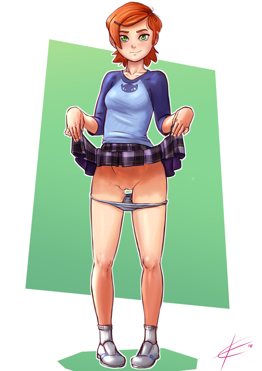 1girls 2018 alternate_version_available ben_10 breasts cartoon_network eltonel female_only green_eyes gwen_tennyson hairless_pussy looking_at_viewer orange_hair panties panties_around_leg panties_down plaid_skirt pussy red_hair shimapan short_hair skirt skirt_lift small_breasts smile solo sweat tartan_skirt